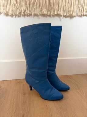 Vintage Blue Mid-Calf Leather Heeled Boots Size 7